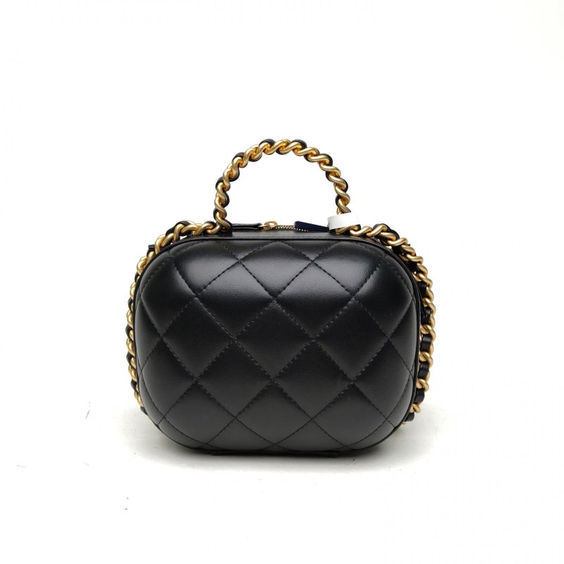 CHANEL 黑色羊皮晶片開金扣22P手柄膠囊包肩背包-2