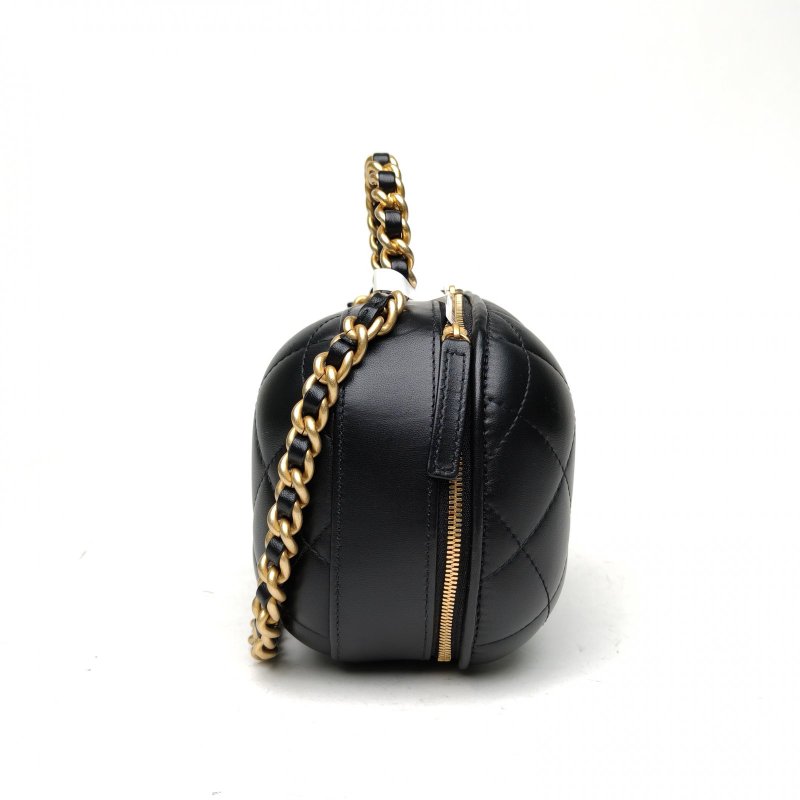 CHANEL 黑色羊皮晶片開金扣22P手柄膠囊包肩背包-3