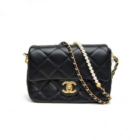 CHANEL 21KCF口蓋包黑色羊皮晶片開金扣子彈調節扣肩背包