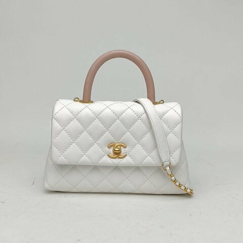 CHANEL CocoHandle小號白色荔枝牛皮27開蜥蜴皮手柄肩背包
