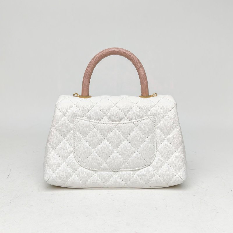 CHANEL CocoHandle小號白色荔枝牛皮27開蜥蜴皮手柄肩背包-2