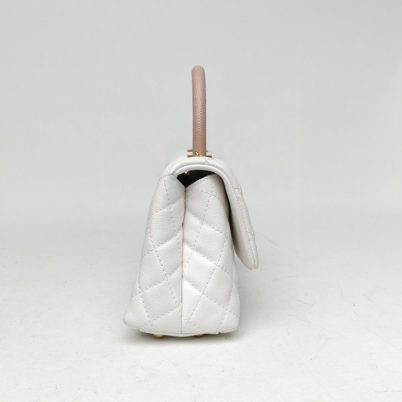 CHANEL CocoHandle小號白色荔枝牛皮27開蜥蜴皮手柄肩背包-3