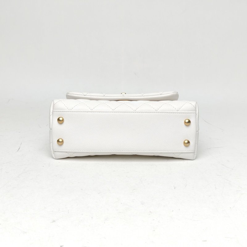 CHANEL CocoHandle小號白色荔枝牛皮27開蜥蜴皮手柄肩背包-4