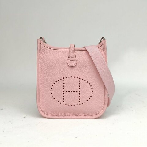 HERMES EvelyneMini16新櫻花粉TC皮W刻銀扣肩背包