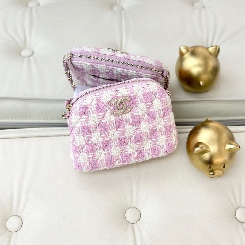 Chanel 香奈兒 季節限定粉色毛呢拼編織 印字膠底 中號cf單肩斜挎包 尺寸：26*14.5 配件：身份卡。-0