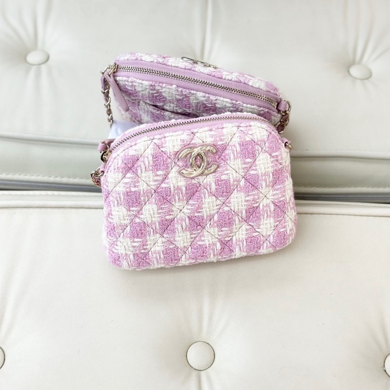 Chanel 香奈兒 季節限定粉色毛呢拼編織 印字膠底 中號cf單肩斜挎包 尺寸：26*14.5 配件：身份卡。-1