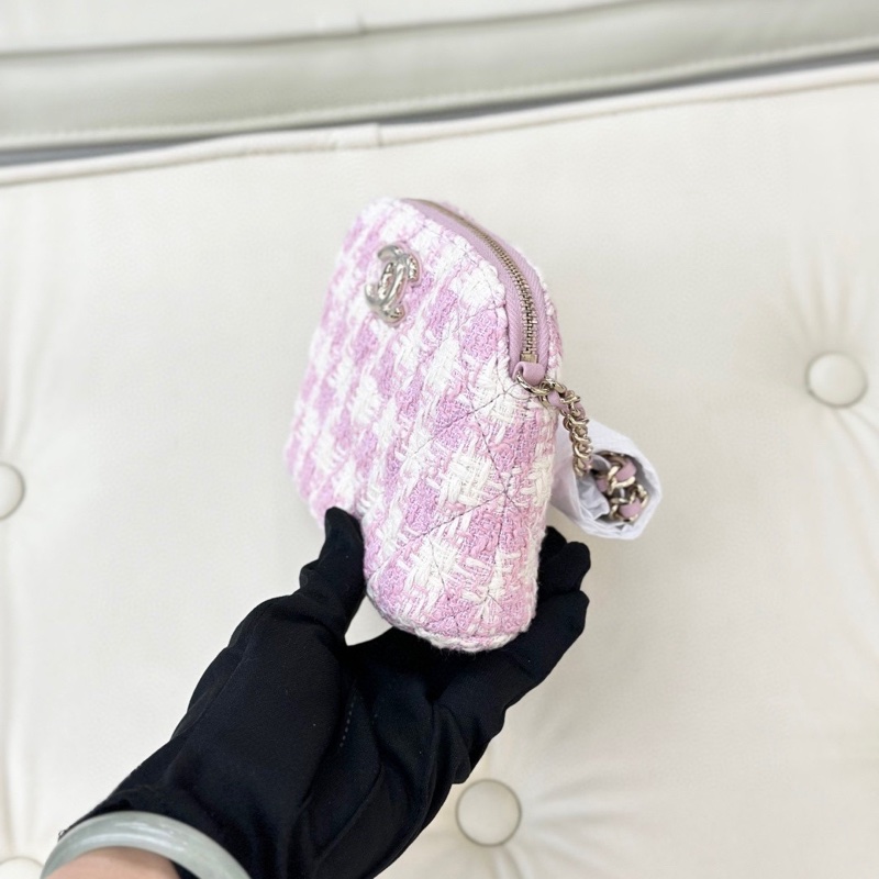 Chanel 香奈兒 季節限定粉色毛呢拼編織 印字膠底 中號cf單肩斜挎包 尺寸：26*14.5 配件：身份卡。-2