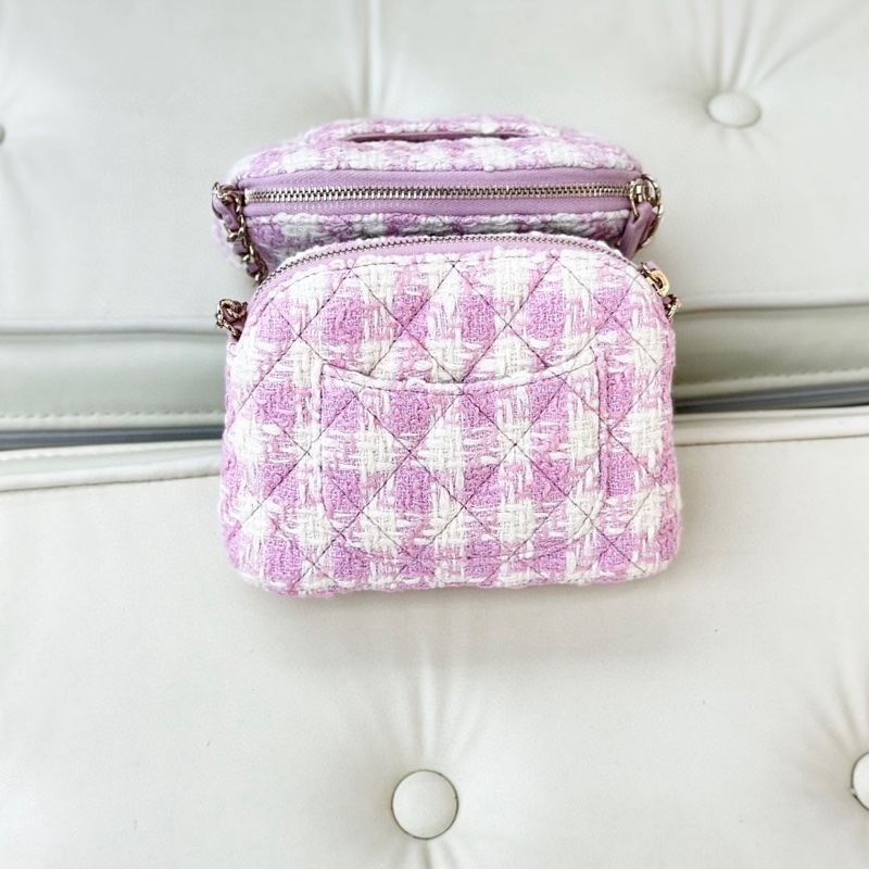 Chanel 香奈兒 季節限定粉色毛呢拼編織 印字膠底 中號cf單肩斜挎包 尺寸：26*14.5 配件：身份卡。-3