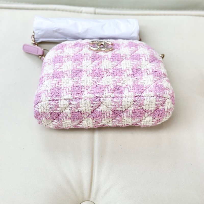 Chanel 香奈兒 季節限定粉色毛呢拼編織 印字膠底 中號cf單肩斜挎包 尺寸：26*14.5 配件：身份卡。-5