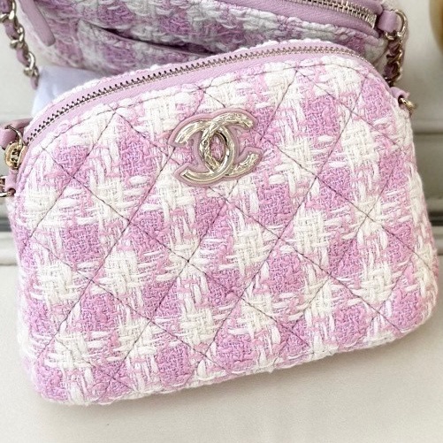 Chanel 香奈兒 季節限定粉色毛呢拼編織 印字膠底 中號cf單肩斜挎包 尺寸：26*14.5 配件：身份卡。-6