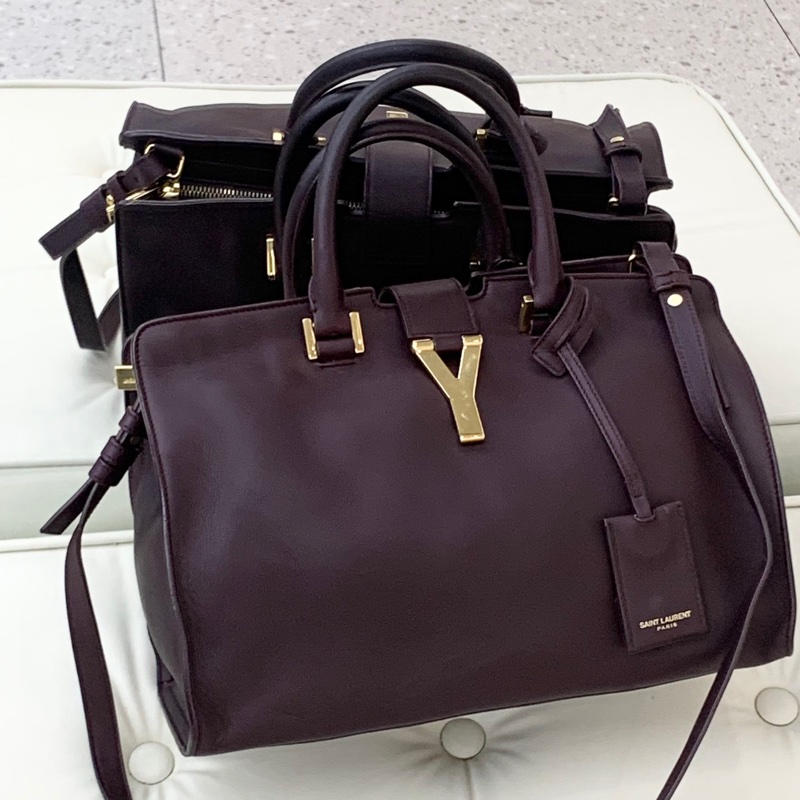 YSL聖羅蘭酒紅色金扣牛皮Y扣 手提單肩斜挎包  尺寸：30*20🈚附件-0