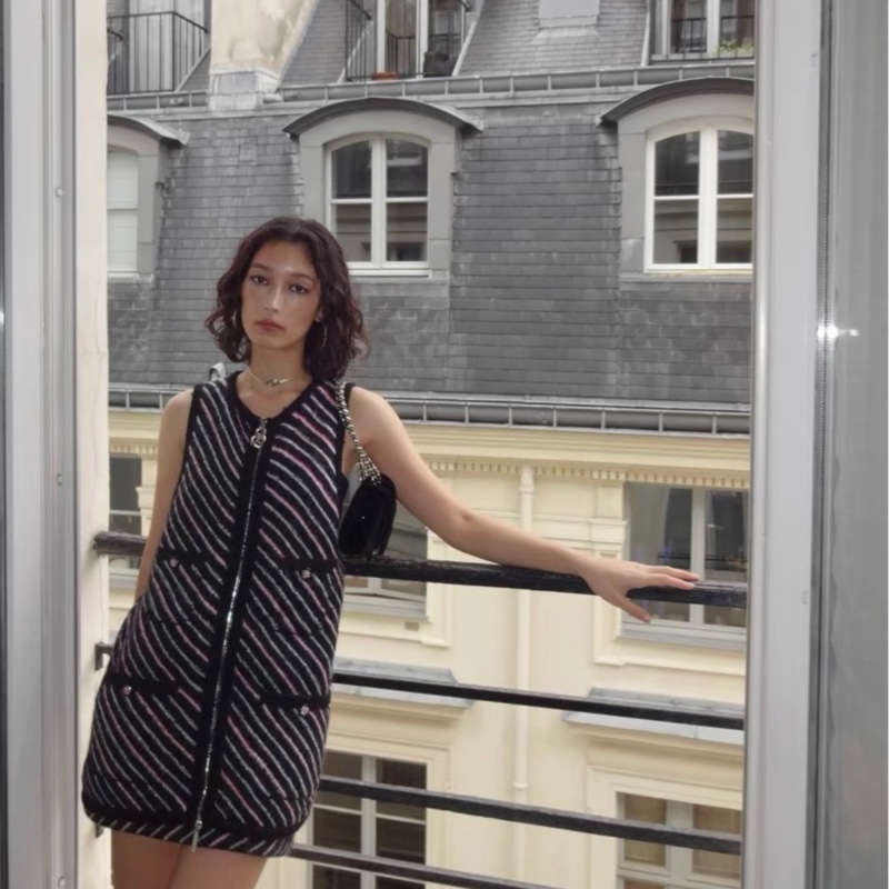 Chanel✨2024斜紋條紋羊絨長版背心洋裝#40 張鈞甯同款-1
