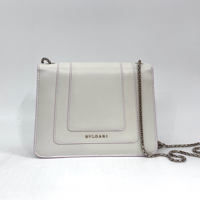 Bvlgari米白金屬色粉邊牛皮黑粉琺瑯星吊飾鏈帶肩斜背包-1