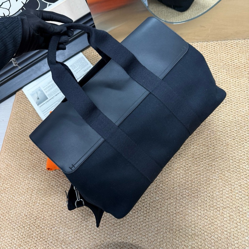 愛馬仕/Hermes大號黑色帆布拼皮蘑菇包 手提電腦包 男女適用 輕便 配件子包 塵袋-0