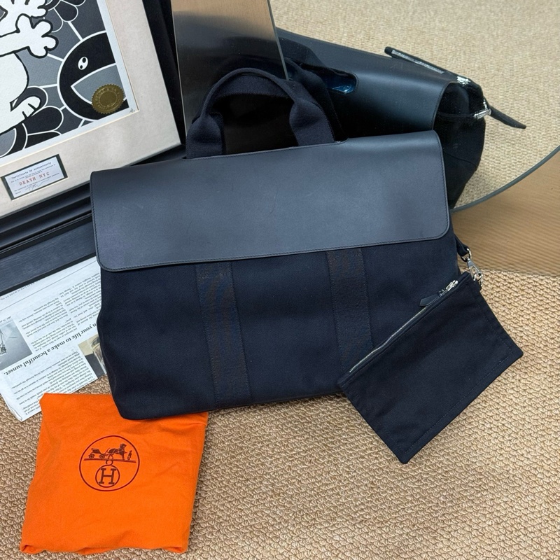 愛馬仕/Hermes大號黑色帆布拼皮蘑菇包 手提電腦包 男女適用 輕便 配件子包 塵袋-1