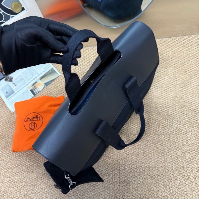 愛馬仕/Hermes大號黑色帆布拼皮蘑菇包 手提電腦包 男女適用 輕便 配件子包 塵袋-3