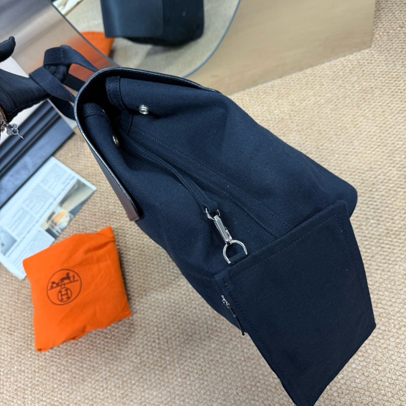 愛馬仕/Hermes大號黑色帆布拼皮蘑菇包 手提電腦包 男女適用 輕便 配件子包 塵袋-4