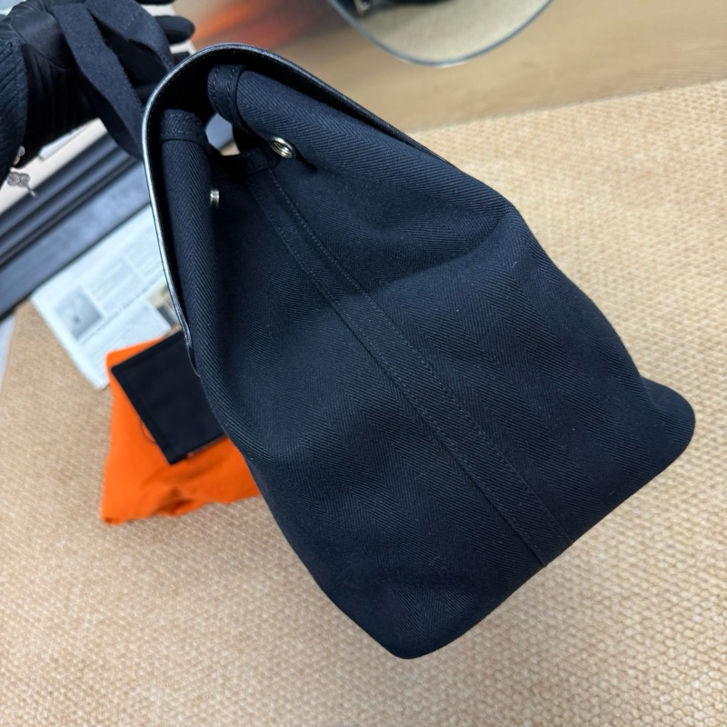 愛馬仕/Hermes大號黑色帆布拼皮蘑菇包 手提電腦包 男女適用 輕便 配件子包 塵袋-5