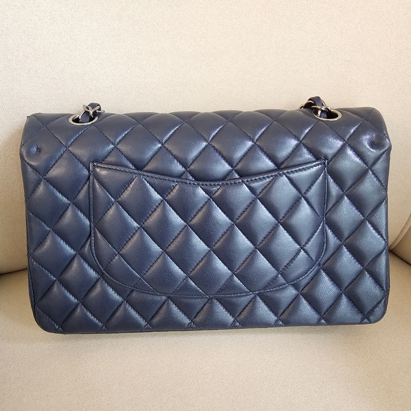 Chanel cf25 羊皮深藍銀扣-3