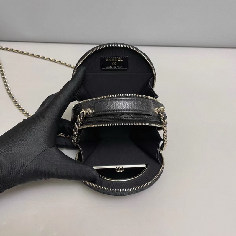 Chanel香奈兒 黑金牛皮荔枝紋手柄圓餅包-4