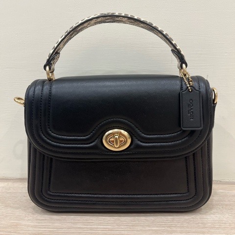 COACH 蛇紋提把牛皮旋鈕翻蓋手提/斜背二用包-黑色