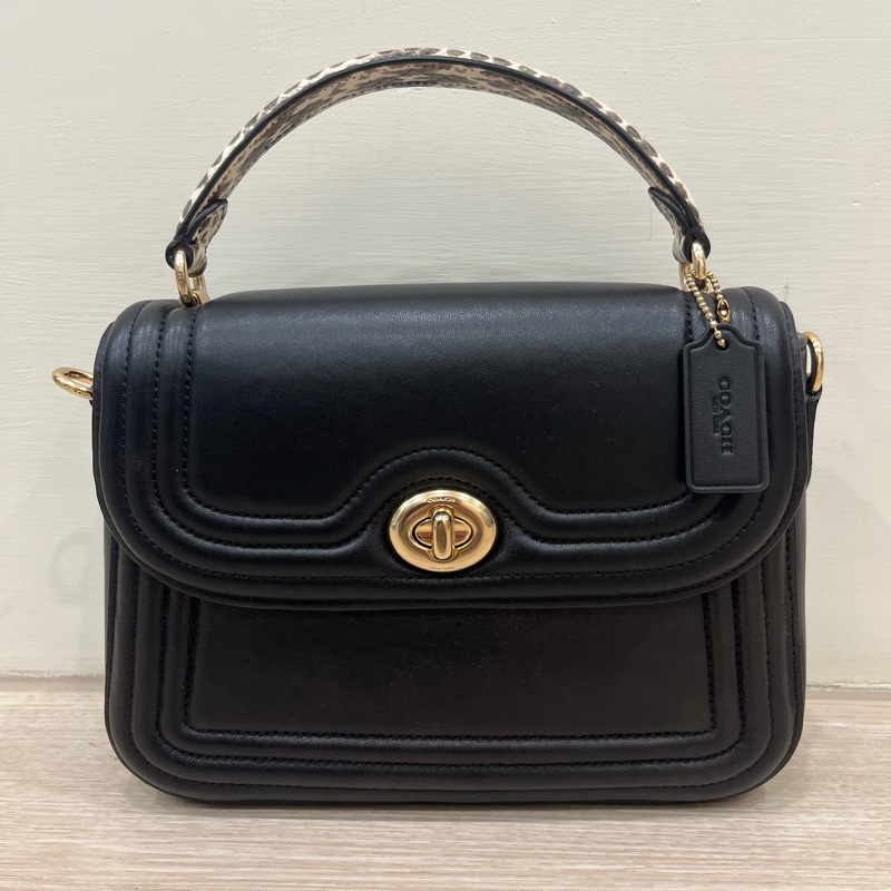 COACH 蛇紋提把牛皮旋鈕翻蓋手提/斜背二用包-黑色-5