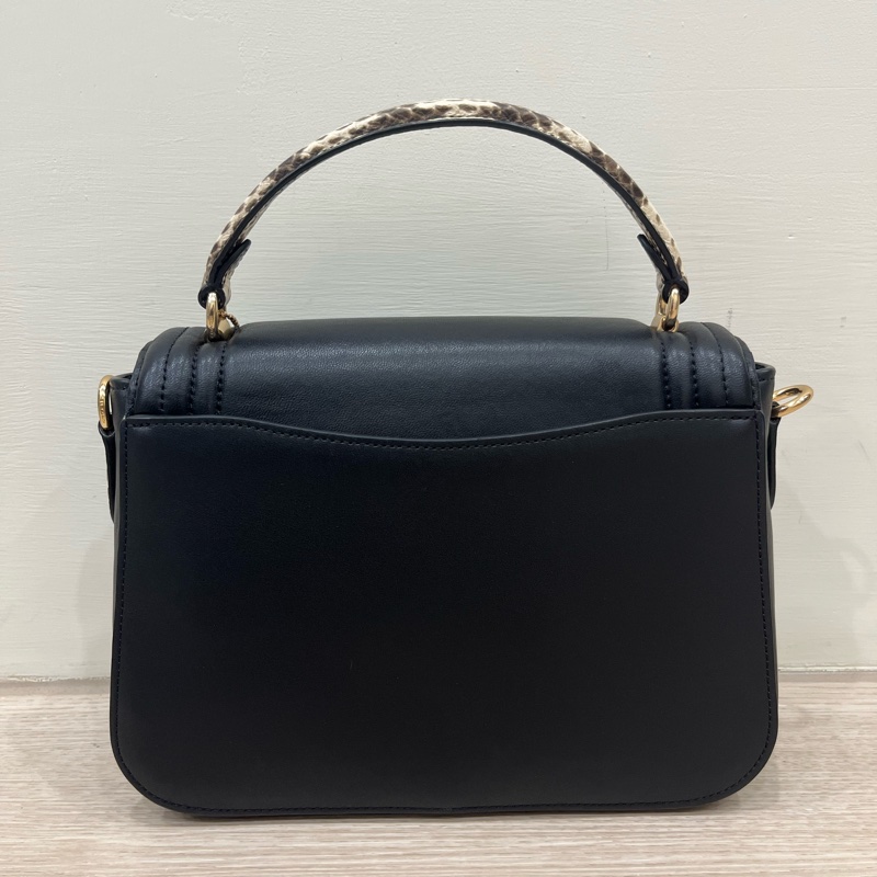 COACH 蛇紋提把牛皮旋鈕翻蓋手提/斜背二用包-黑色-6
