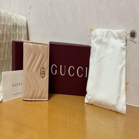 GUCCI 古馳 GG Marmont 經典金屬雙G 卡夾 皮夾 短夾 零錢包 杏粉色 裸粉