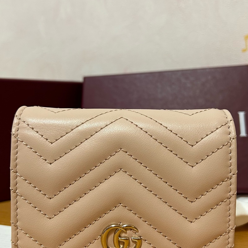 GUCCI 古馳 GG Marmont 經典金屬雙G 卡夾 皮夾 短夾 零錢包 杏粉色 裸粉-3