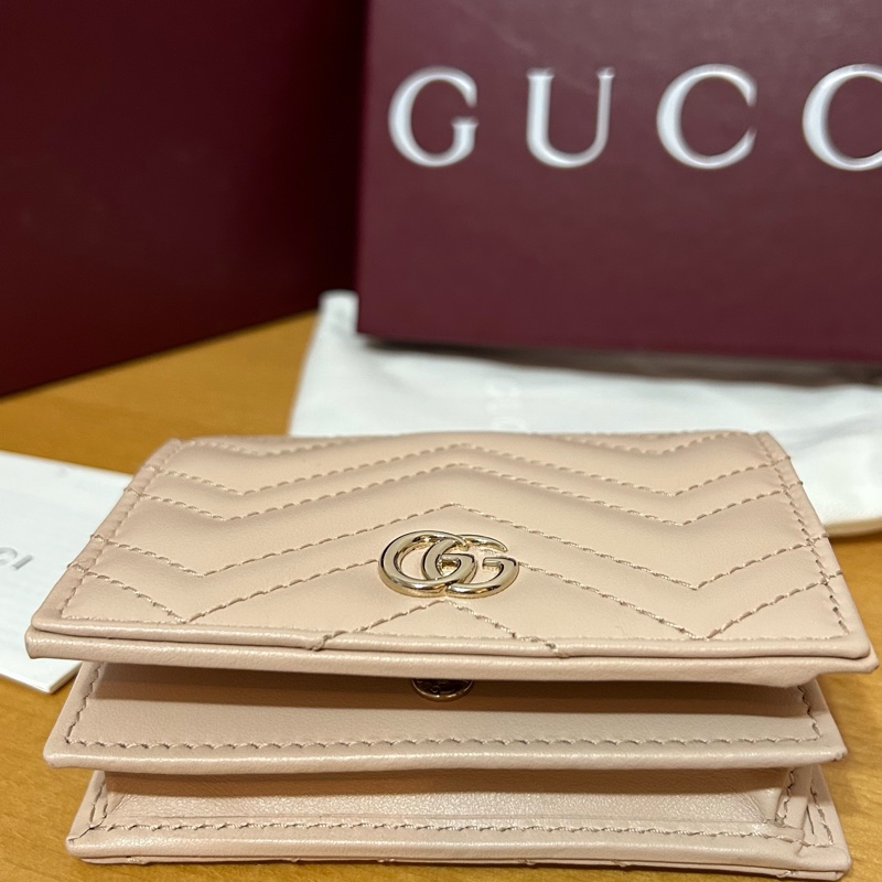 GUCCI 古馳 GG Marmont 經典金屬雙G 卡夾 皮夾 短夾 零錢包 杏粉色 裸粉-4