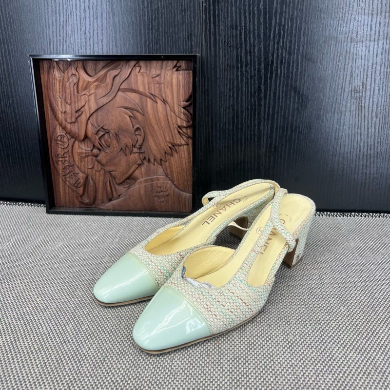 Chanel香奈兒 花呢拼接粗跟 高跟 36.5碼-0