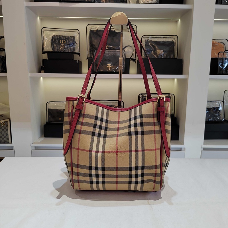 閒置新Burberry巴寶莉經典戰馬格紋菜籃子小號購物袋-0