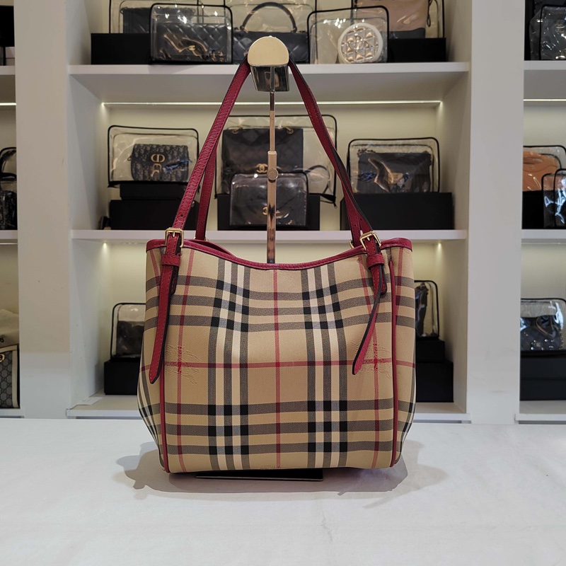 閒置新Burberry巴寶莉經典戰馬格紋菜籃子小號購物袋-1