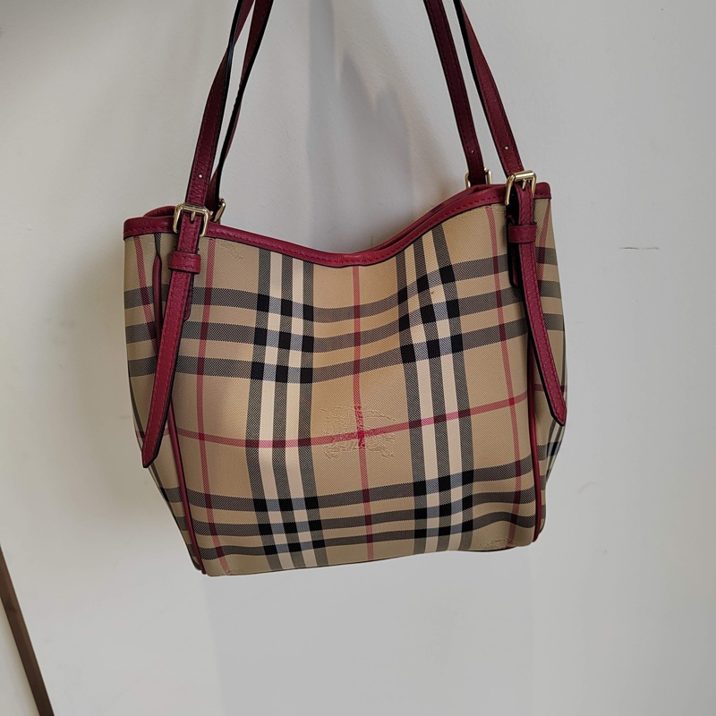 閒置新Burberry巴寶莉經典戰馬格紋菜籃子小號購物袋-5