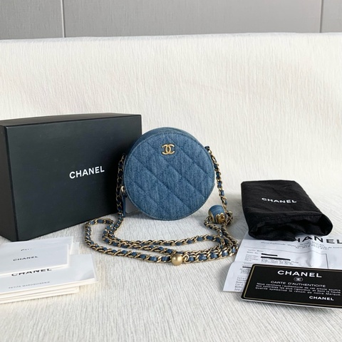 🌷配件齊全！Chanel 香奈兒 金球圓餅包 牛仔藍金扣