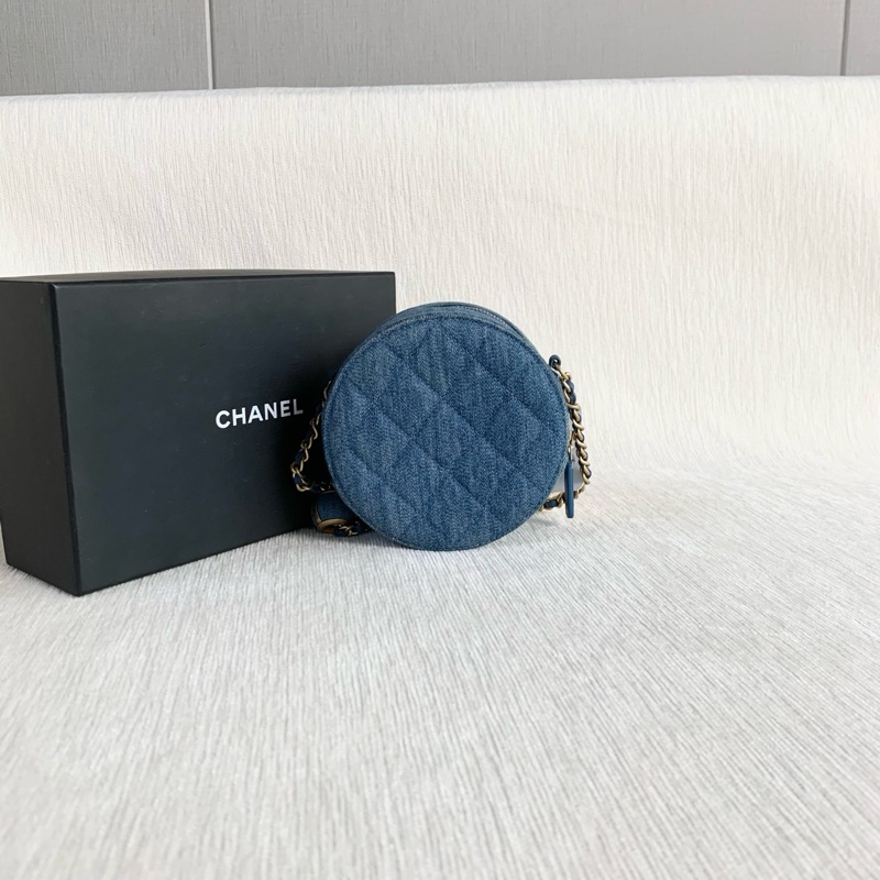 🌷配件齊全！Chanel 香奈兒 金球圓餅包 牛仔藍金扣-2