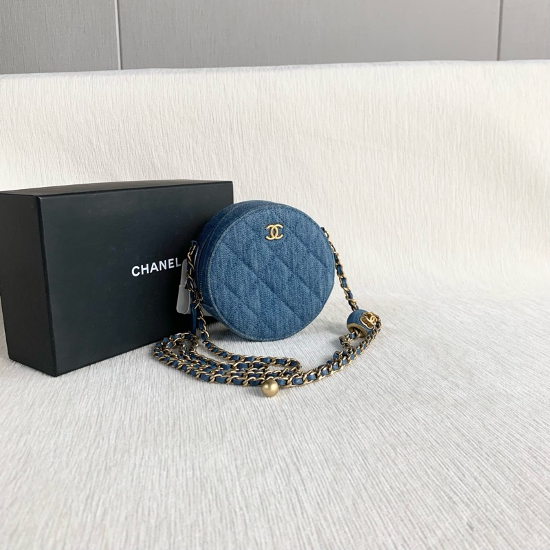 🌷配件齊全！Chanel 香奈兒 金球圓餅包 牛仔藍金扣-3