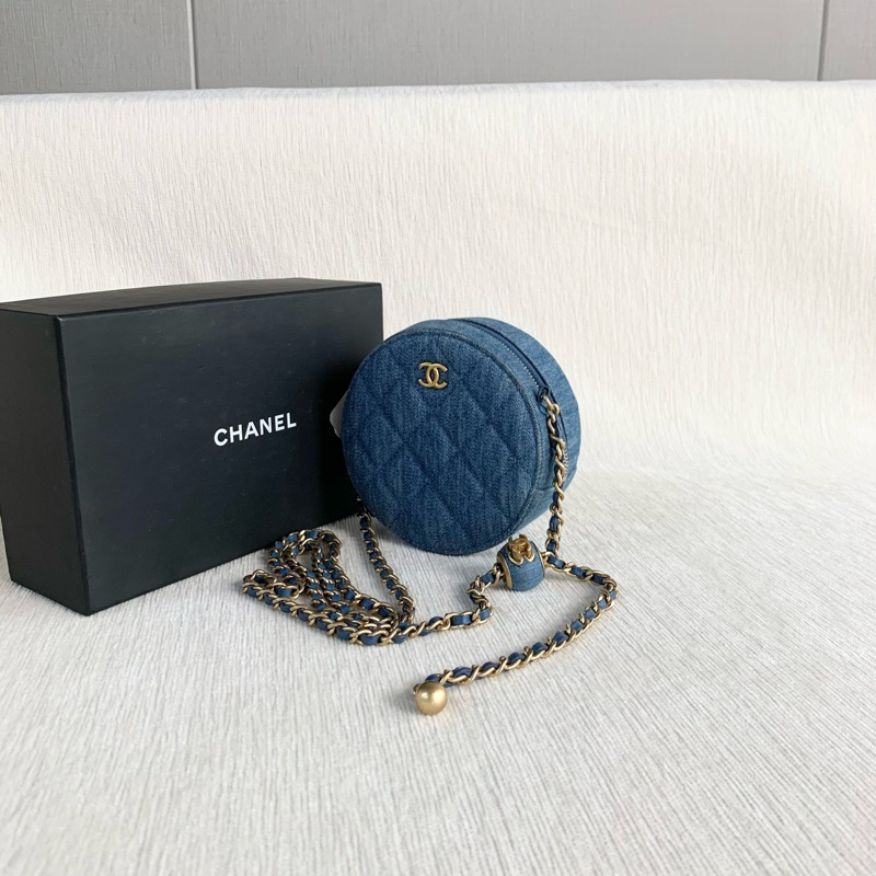 🌷配件齊全！Chanel 香奈兒 金球圓餅包 牛仔藍金扣-5