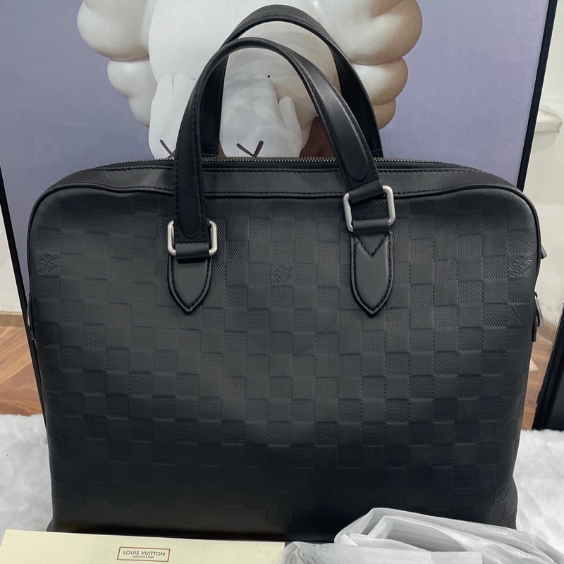 Louis Vuitton黑色棋盤格牛皮壓花公文包 有肩帶 可手提 可斜挎 尺寸36*28*6-0