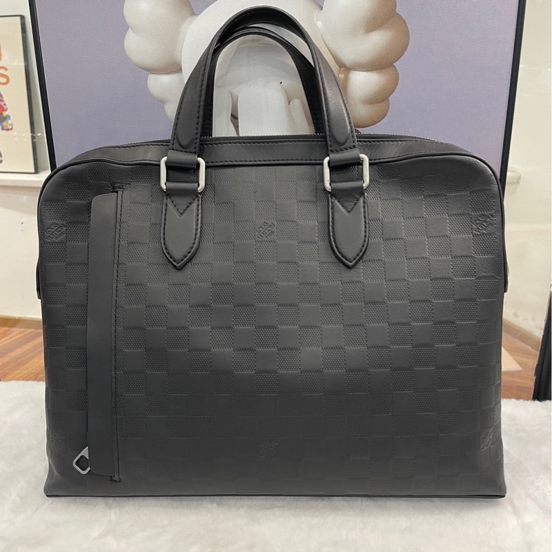 Louis Vuitton黑色棋盤格牛皮壓花公文包 有肩帶 可手提 可斜挎 尺寸36*28*6-1