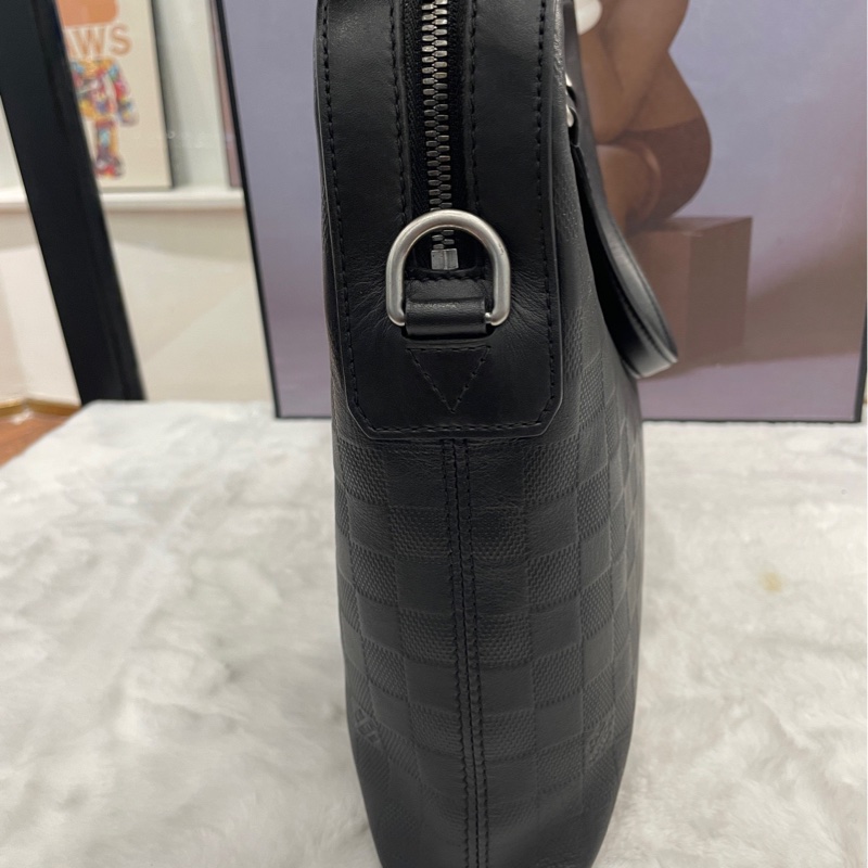 Louis Vuitton黑色棋盤格牛皮壓花公文包 有肩帶 可手提 可斜挎 尺寸36*28*6-2