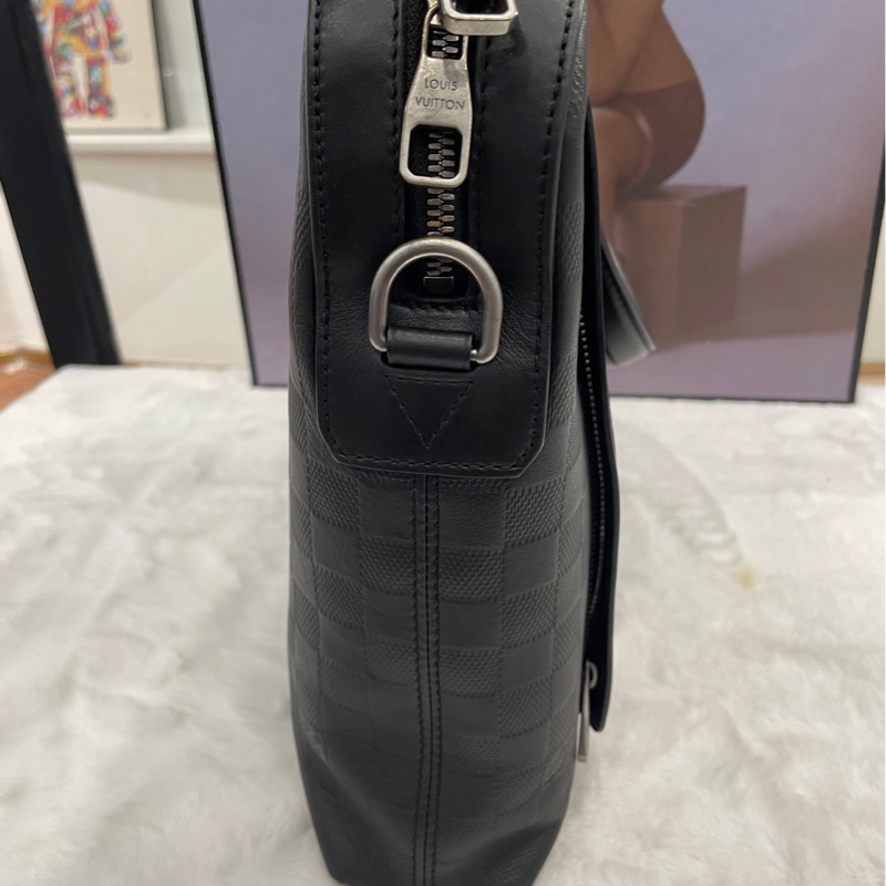 Louis Vuitton黑色棋盤格牛皮壓花公文包 有肩帶 可手提 可斜挎 尺寸36*28*6-3