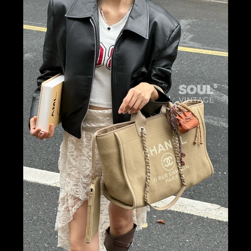 Chanel 香奈兒 芯片款 燕麥奶茶色 帆布沙灘包 托特包 可肩背 手提-1