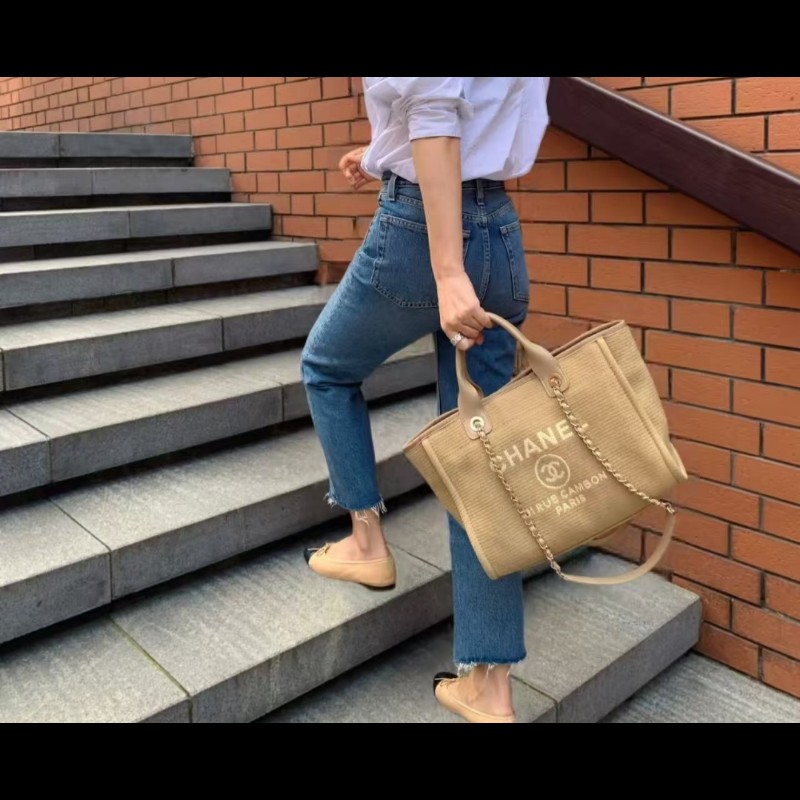 Chanel 香奈兒 芯片款 燕麥奶茶色 帆布沙灘包 托特包 可肩背 手提-2