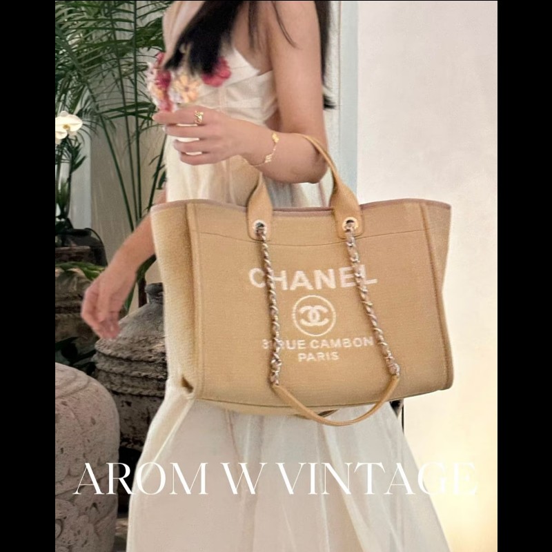 Chanel 香奈兒 芯片款 燕麥奶茶色 帆布沙灘包 托特包 可肩背 手提-3