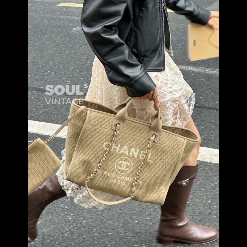 Chanel 香奈兒 芯片款 燕麥奶茶色 帆布沙灘包 托特包 可肩背 手提-4