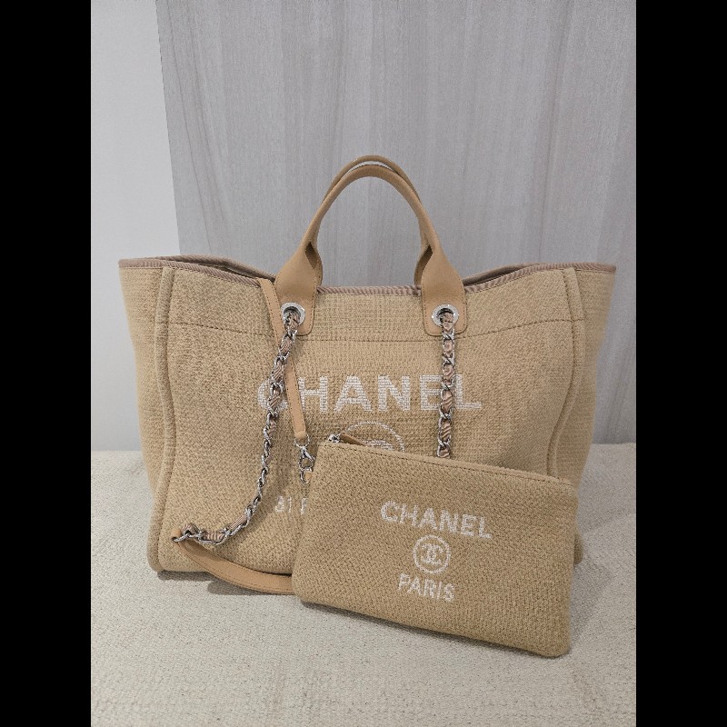 Chanel 香奈兒 芯片款 燕麥奶茶色 帆布沙灘包 托特包 可肩背 手提-7