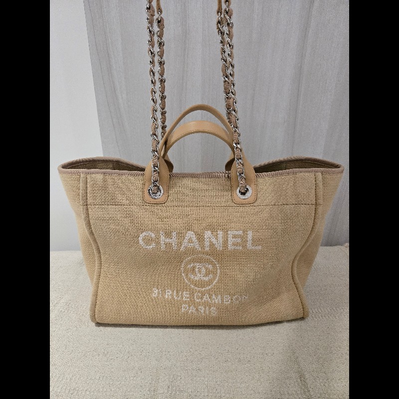 Chanel 香奈兒 芯片款 燕麥奶茶色 帆布沙灘包 托特包 可肩背 手提-8