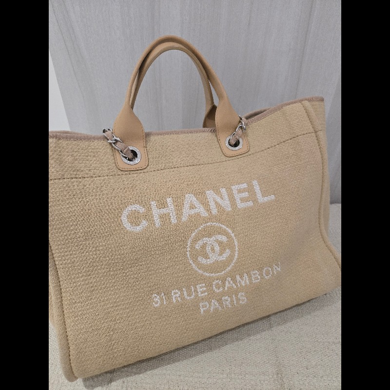 Chanel 香奈兒 芯片款 燕麥奶茶色 帆布沙灘包 托特包 可肩背 手提-9