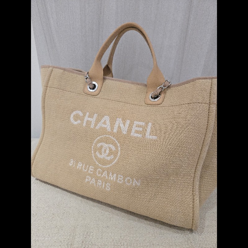 Chanel 香奈兒 芯片款 燕麥奶茶色 帆布沙灘包 托特包 可肩背 手提-10